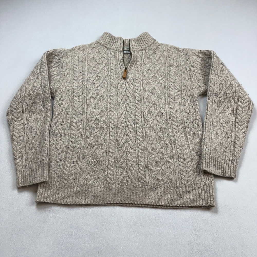 Aran Crafts Ireland Men's LG 100% Merino Wool 1/4 Zip Cable Knit Sweater Oatmeal